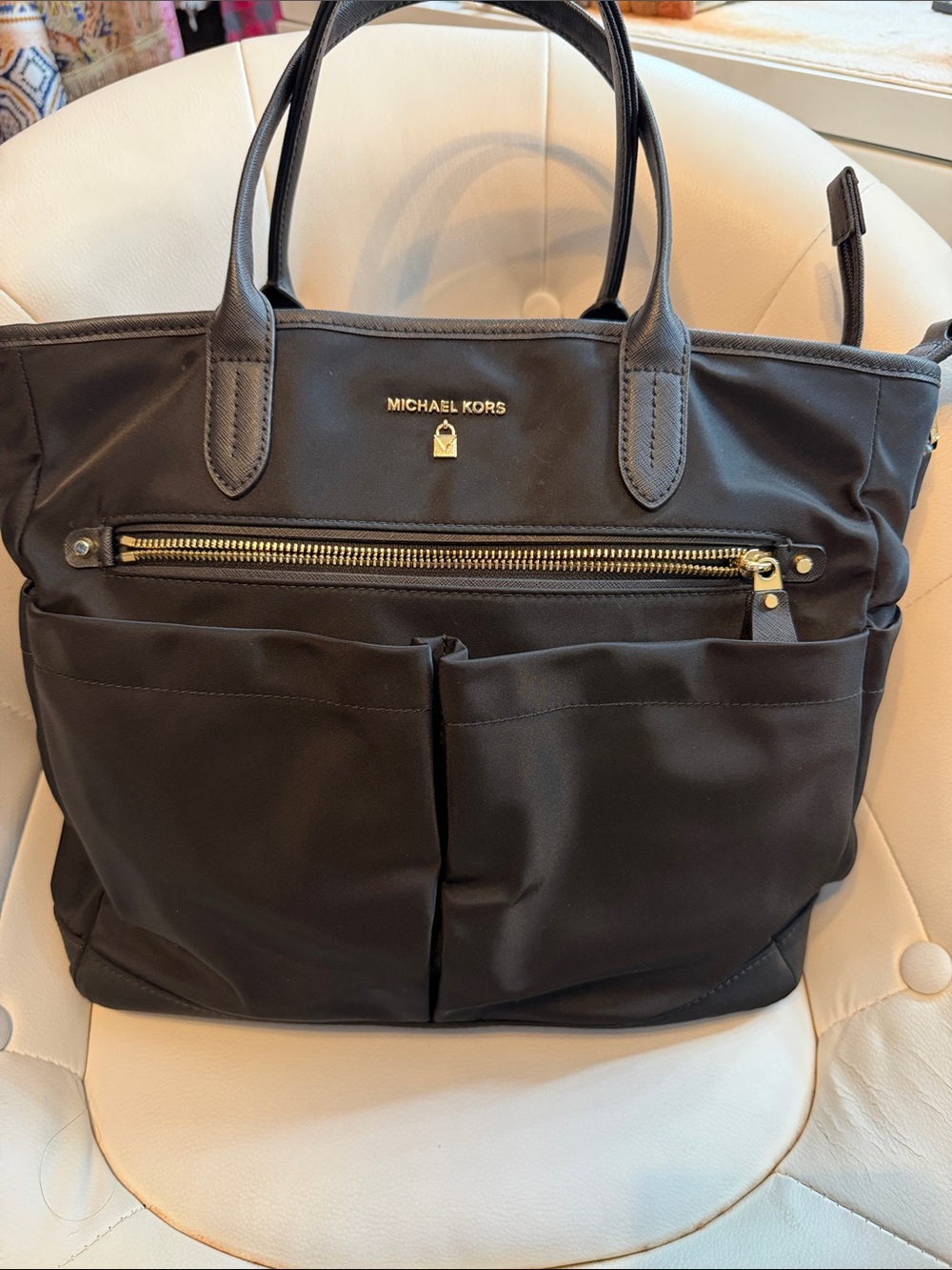 Michael Kors Black Nylon Tote with Front Zip and Patch Pockets
